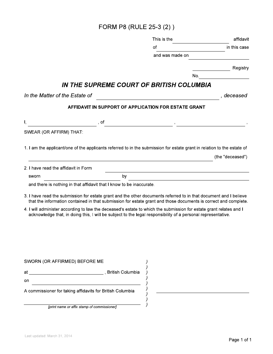 Form P8 Affidavit in Support of Application for Estate Grant - British Columbia, Canada, Page 2
