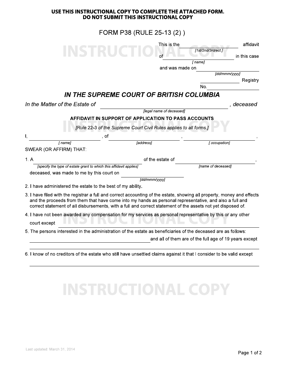 Form P38 Affidavit in Support of Application to Pass Accounts - British Columbia, Canada, Page 1