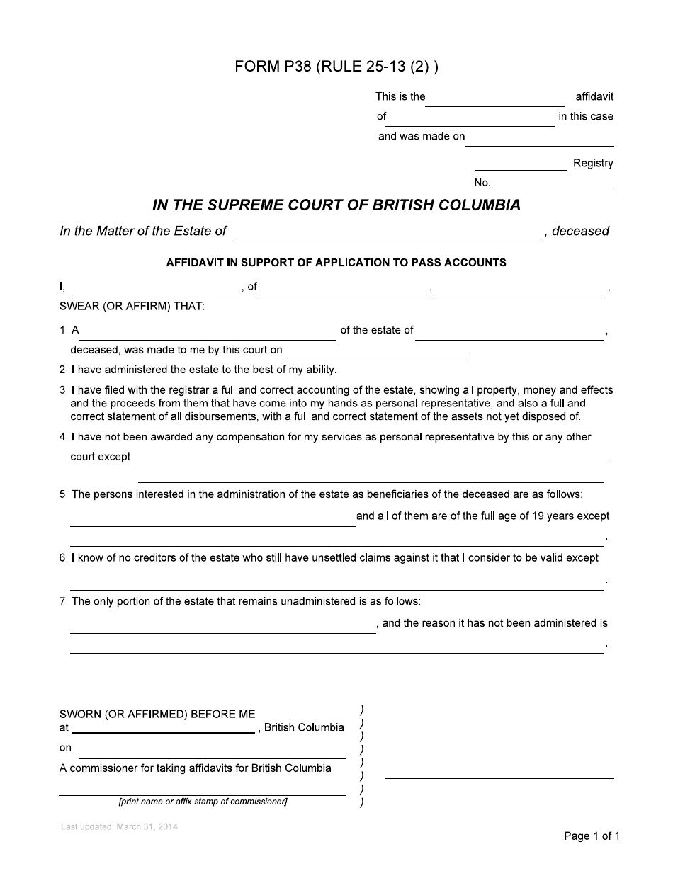 Form P38 Affidavit in Support of Application to Pass Accounts - British Columbia, Canada, Page 3