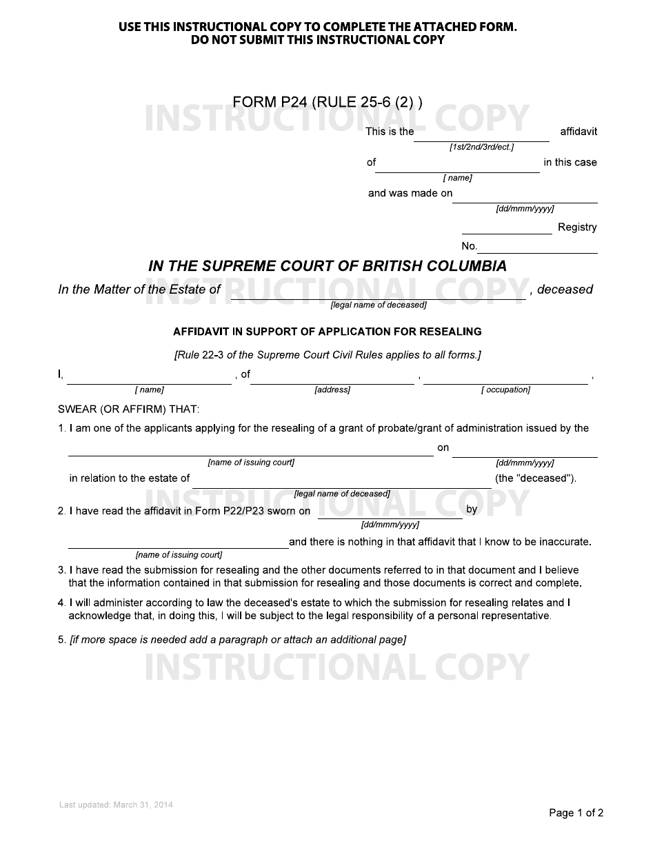 Form P24 Affidavit in Support of Application for Resealing - British Columbia, Canada, Page 1