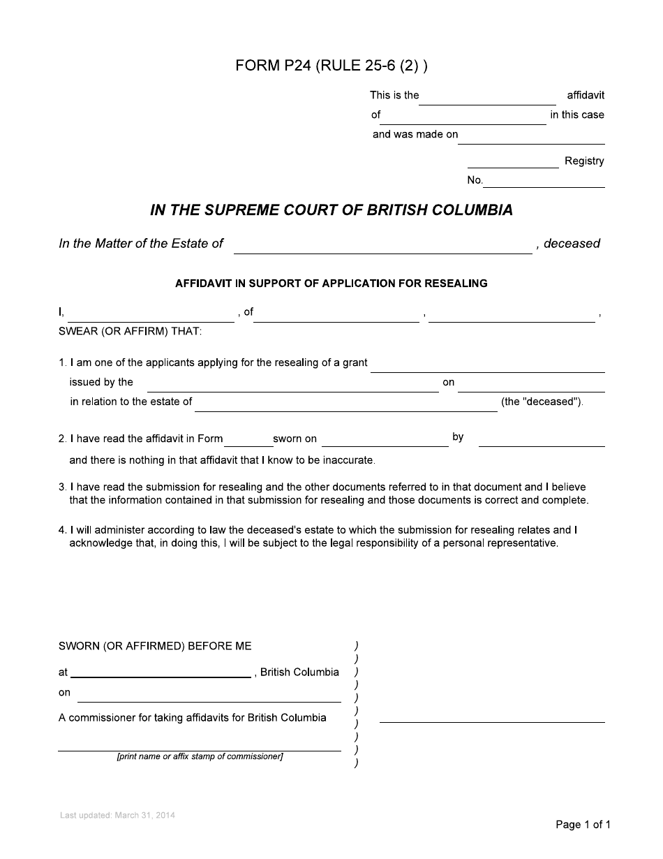 Form P24 Affidavit in Support of Application for Resealing - British Columbia, Canada, Page 3