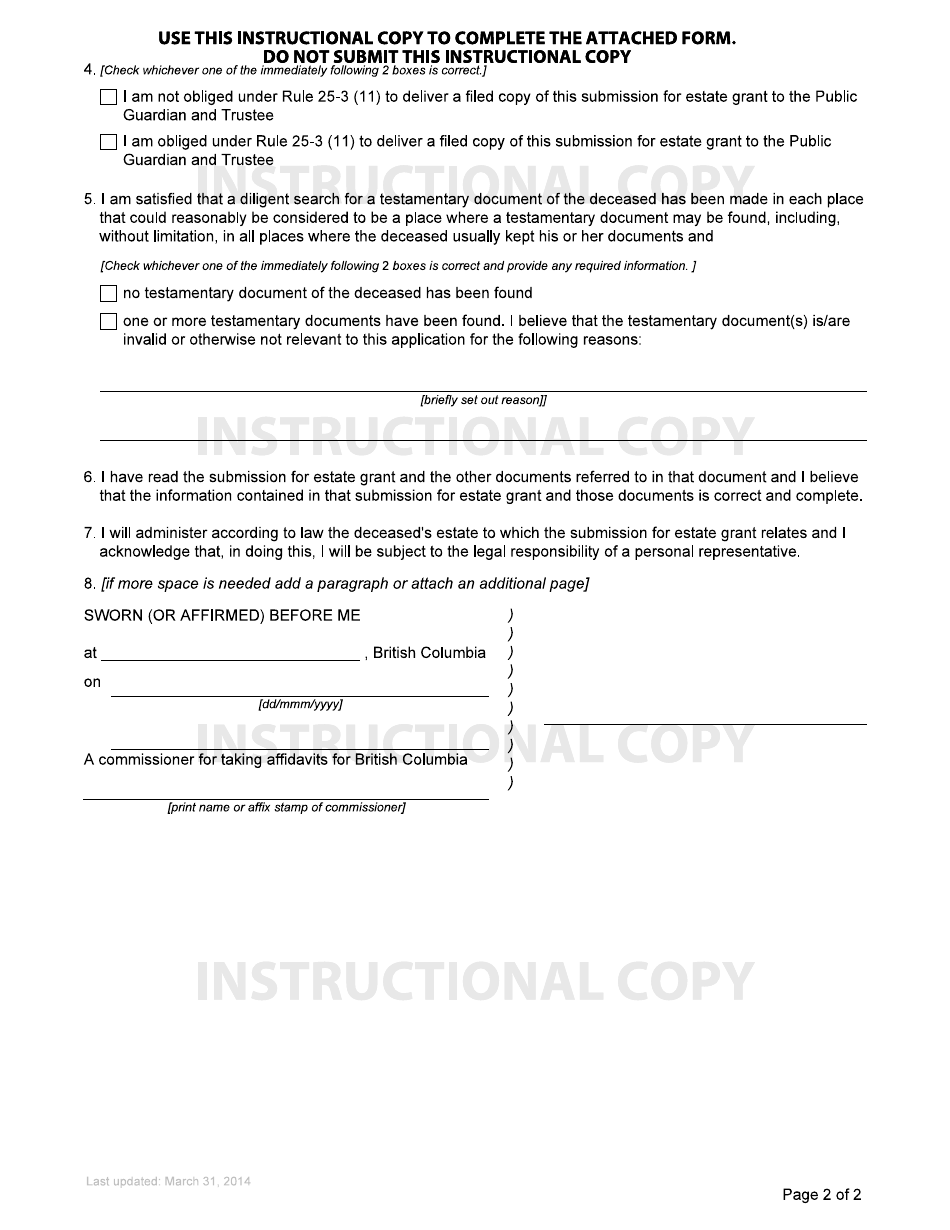 Form P7 Affidavit of Applicant for Ancillary Grant of Administration Without Will Annexed - British Columbia, Canada, Page 2