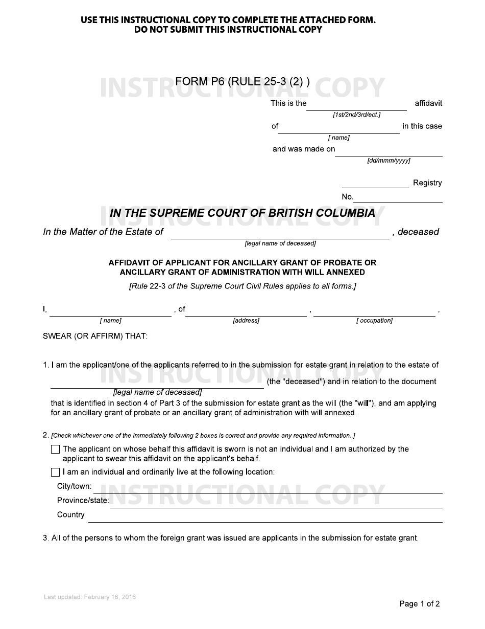 Form P6 Affidavit of Applicant for Ancillary Grant of Probate or Ancillary Grant of Administration With Will Annexed - British Columbia, Canada, Page 1