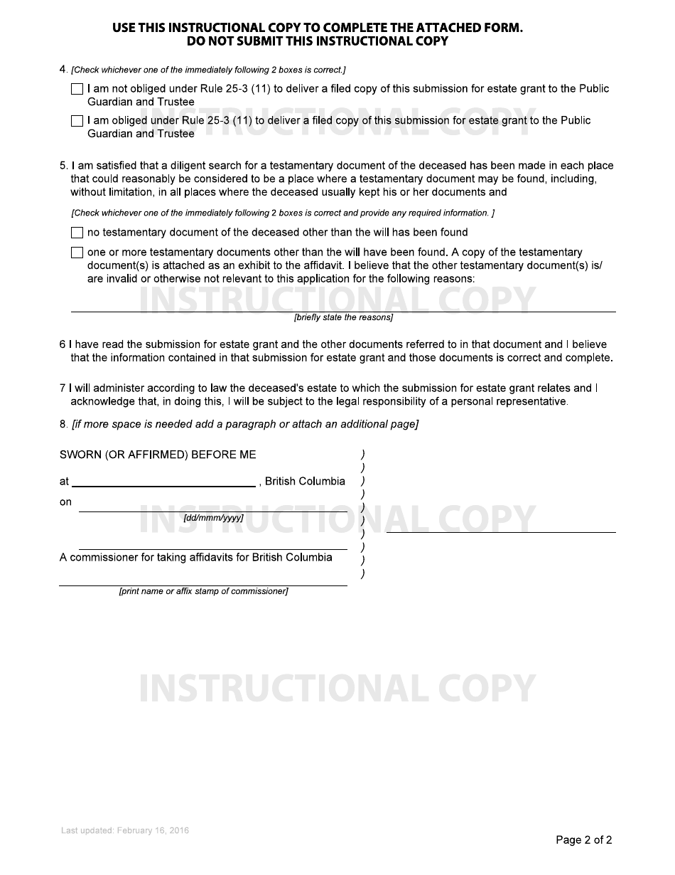 Form P6 Affidavit of Applicant for Ancillary Grant of Probate or Ancillary Grant of Administration With Will Annexed - British Columbia, Canada, Page 2