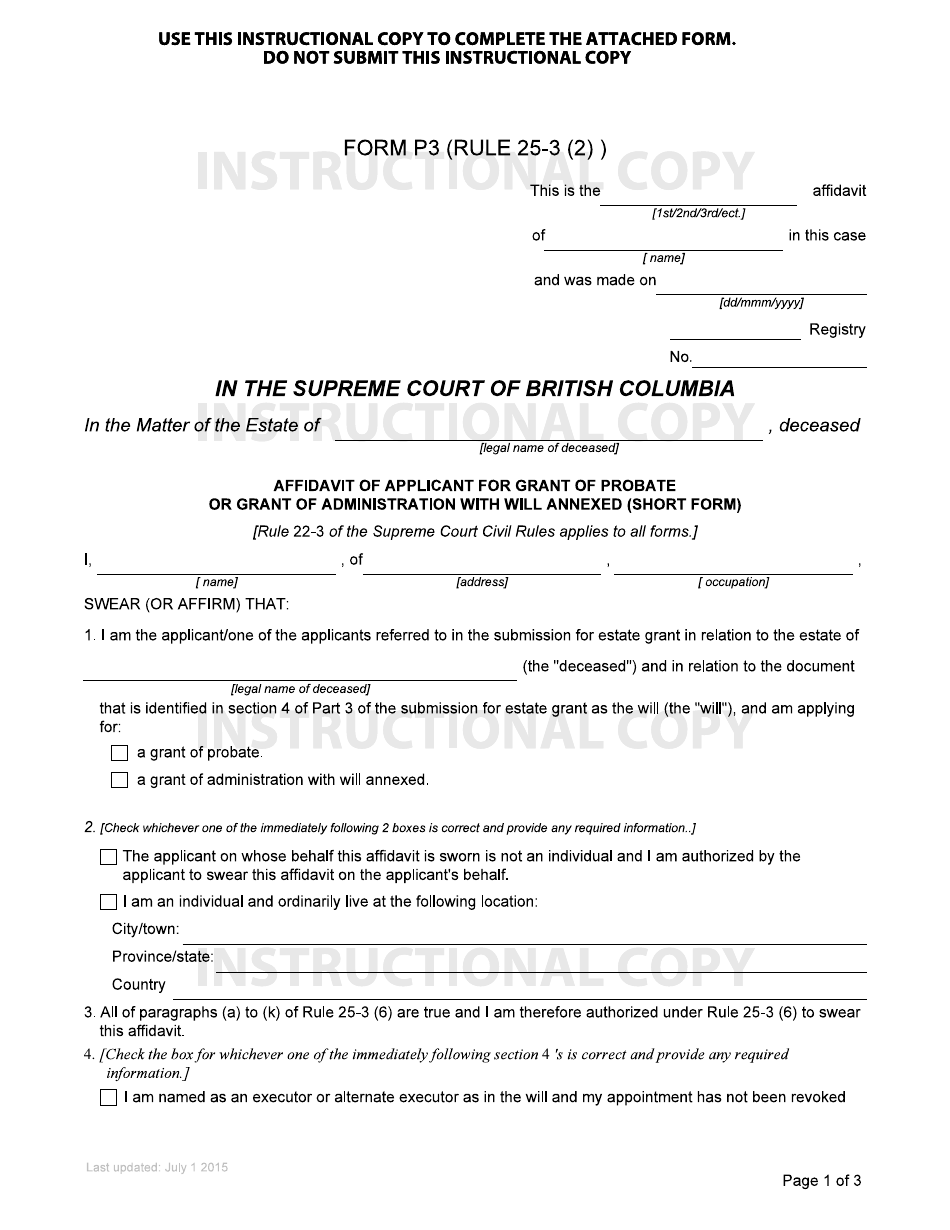 Form P3 Affidavit of Applicant for Grant of Probate or Grant of Administration With Will Annexed (Short Form) - British Columbia, Canada, Page 1