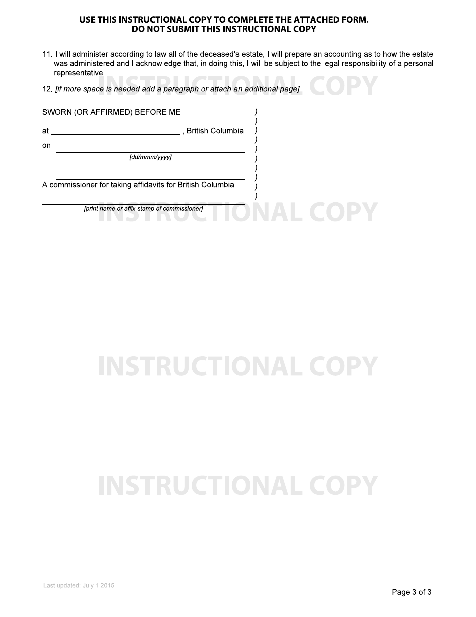 Form P3 Affidavit of Applicant for Grant of Probate or Grant of Administration With Will Annexed (Short Form) - British Columbia, Canada, Page 3