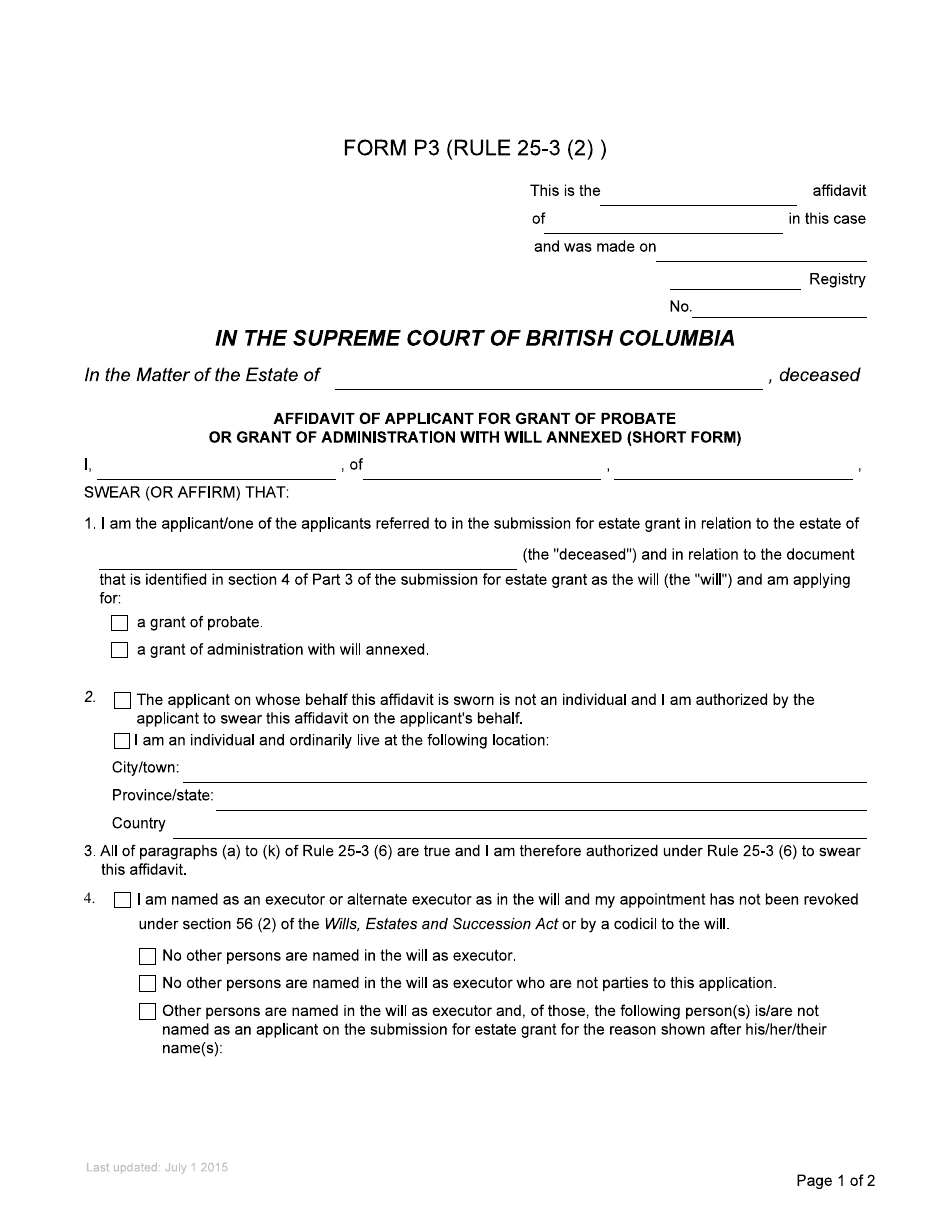 Form P3 Affidavit of Applicant for Grant of Probate or Grant of Administration With Will Annexed (Short Form) - British Columbia, Canada, Page 4