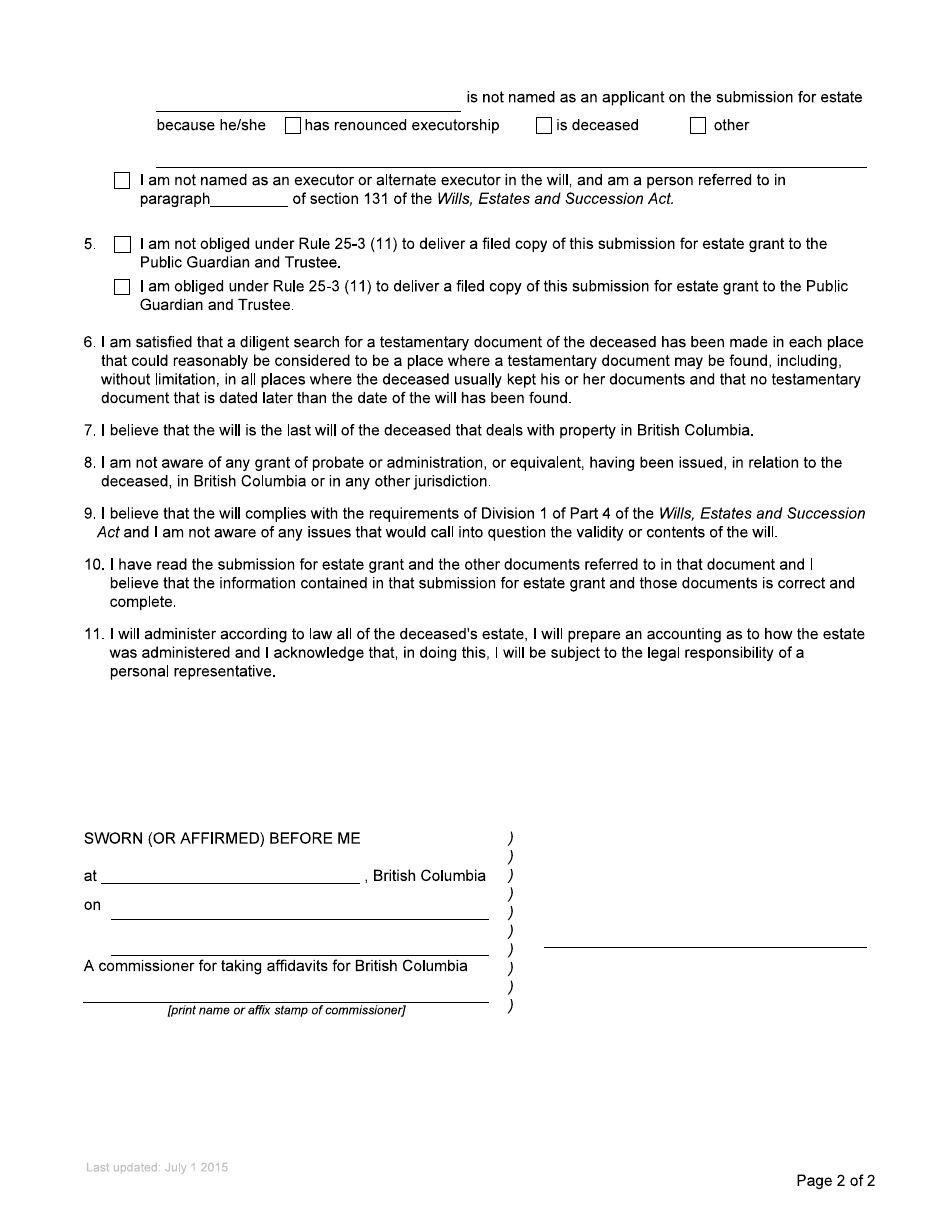 Form P3 Affidavit of Applicant for Grant of Probate or Grant of Administration With Will Annexed (Short Form) - British Columbia, Canada, Page 5
