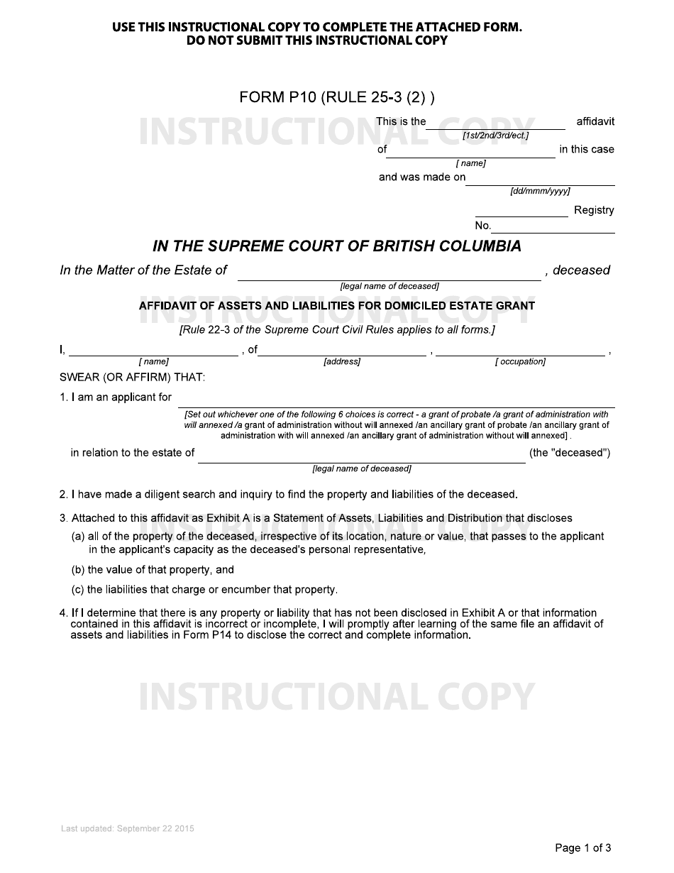 Form P10 Affidavit of Assets and Liabilities for Domiciled Estate Grant - British Columbia, Canada, Page 1