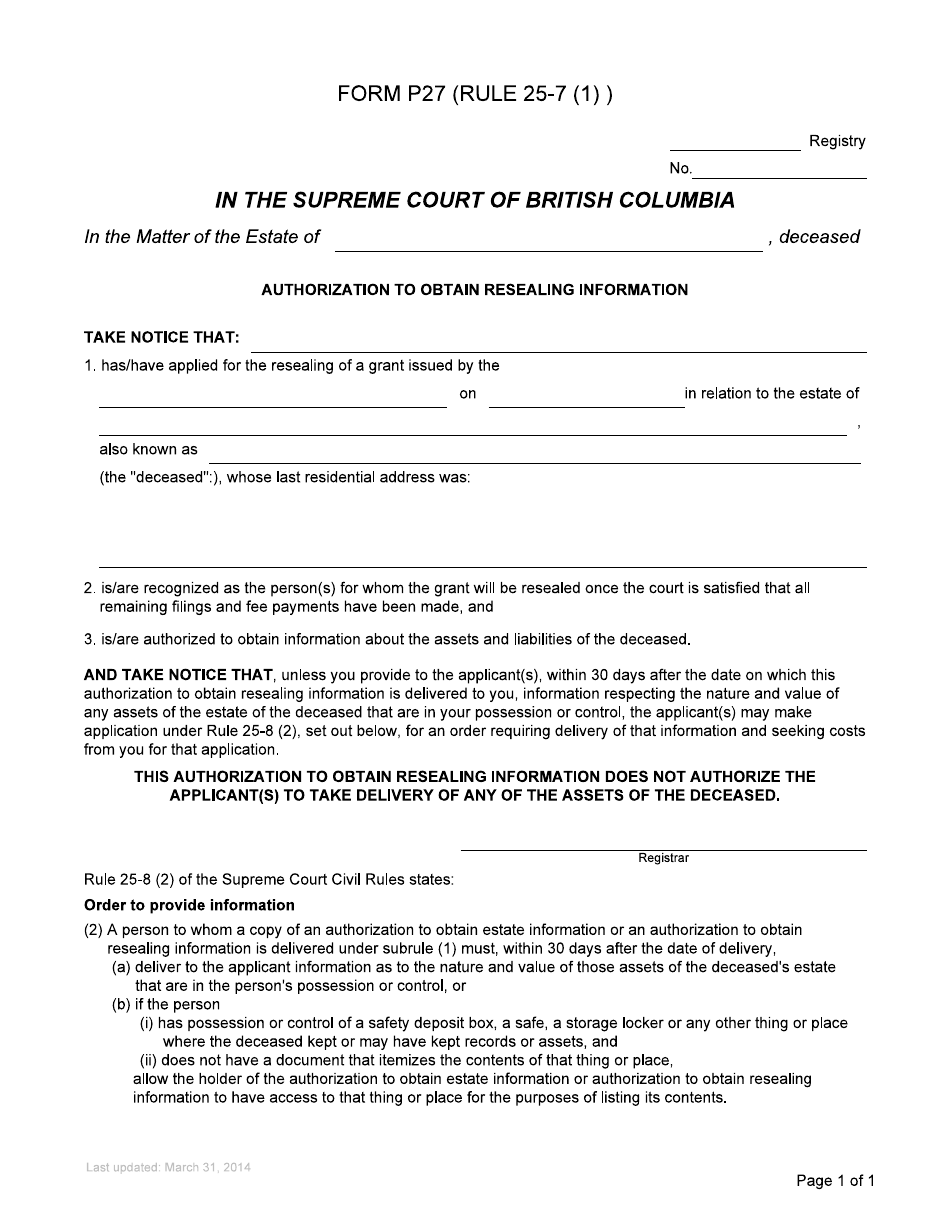 Form P27 Authorization to Obtain Resealing Information - British Columbia, Canada, Page 3