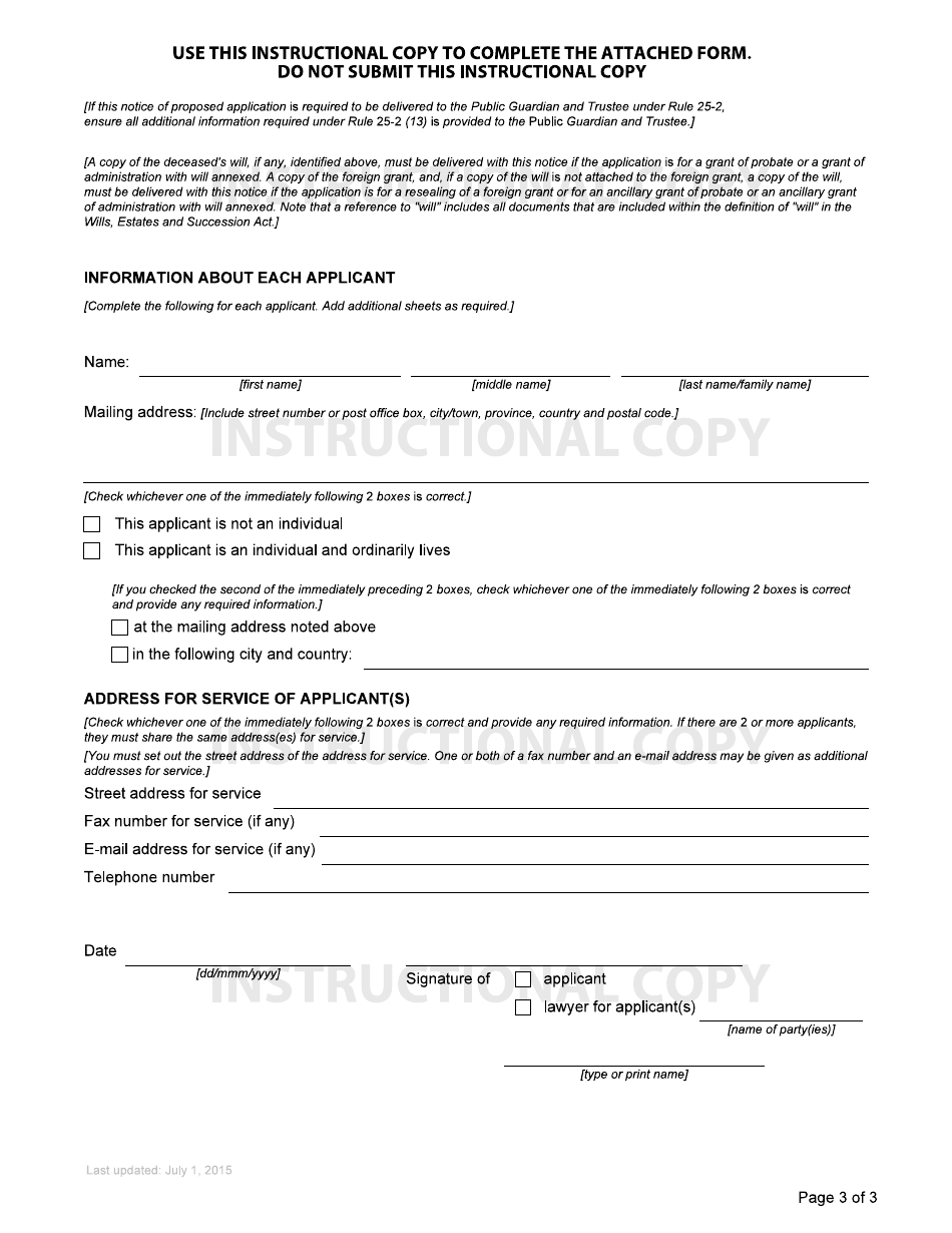 Form P1 Notice of Proposed Application in Relation to Estate - British Columbia, Canada, Page 3