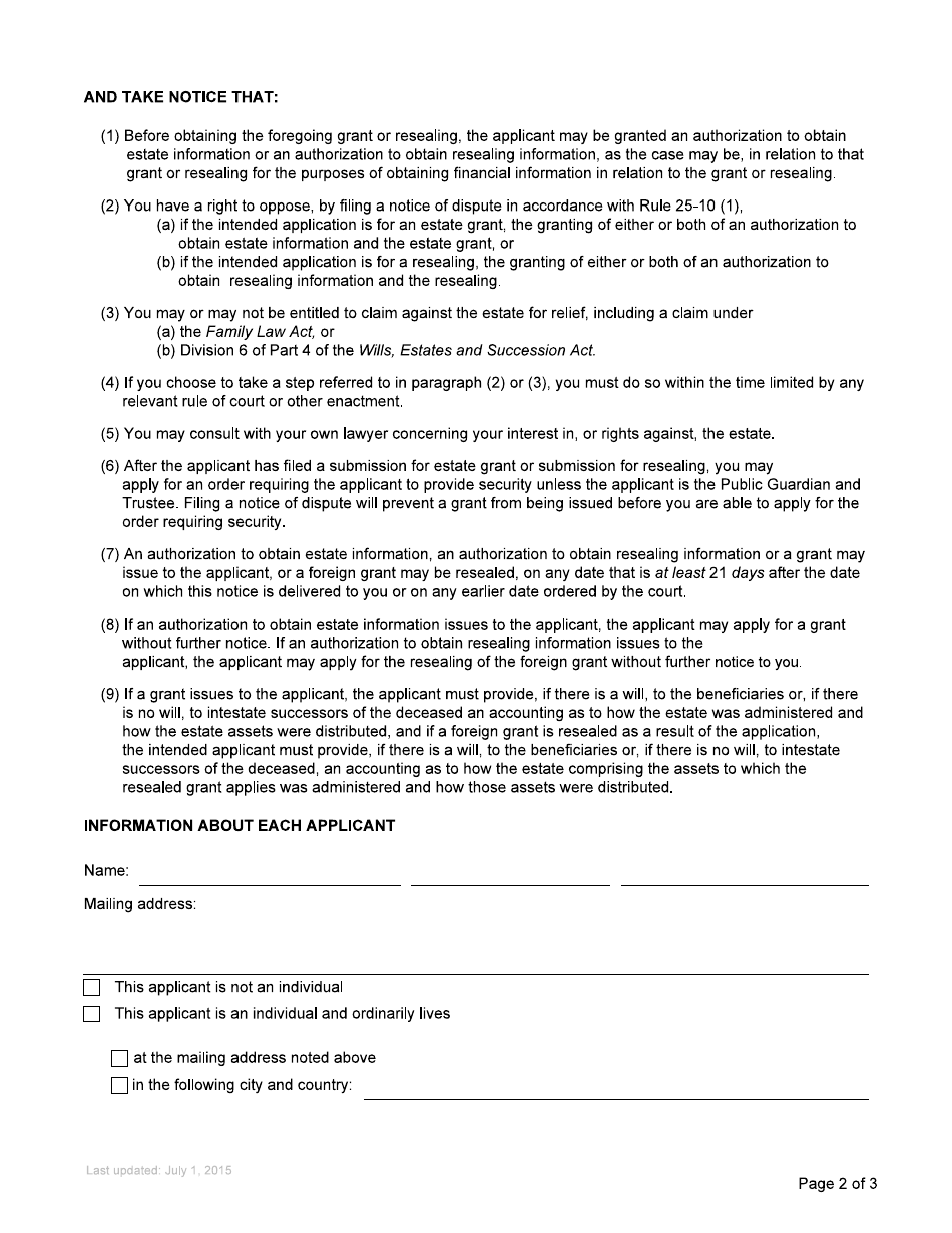 Form P1 Notice of Proposed Application in Relation to Estate - British Columbia, Canada, Page 5