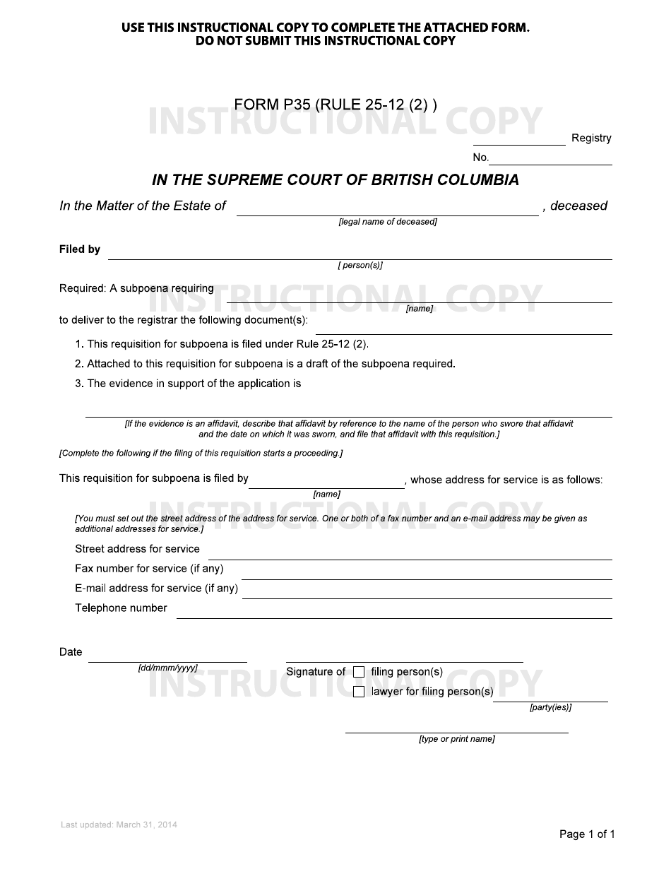 Form P35 Requisition for Subpoena - British Columbia, Canada, Page 1