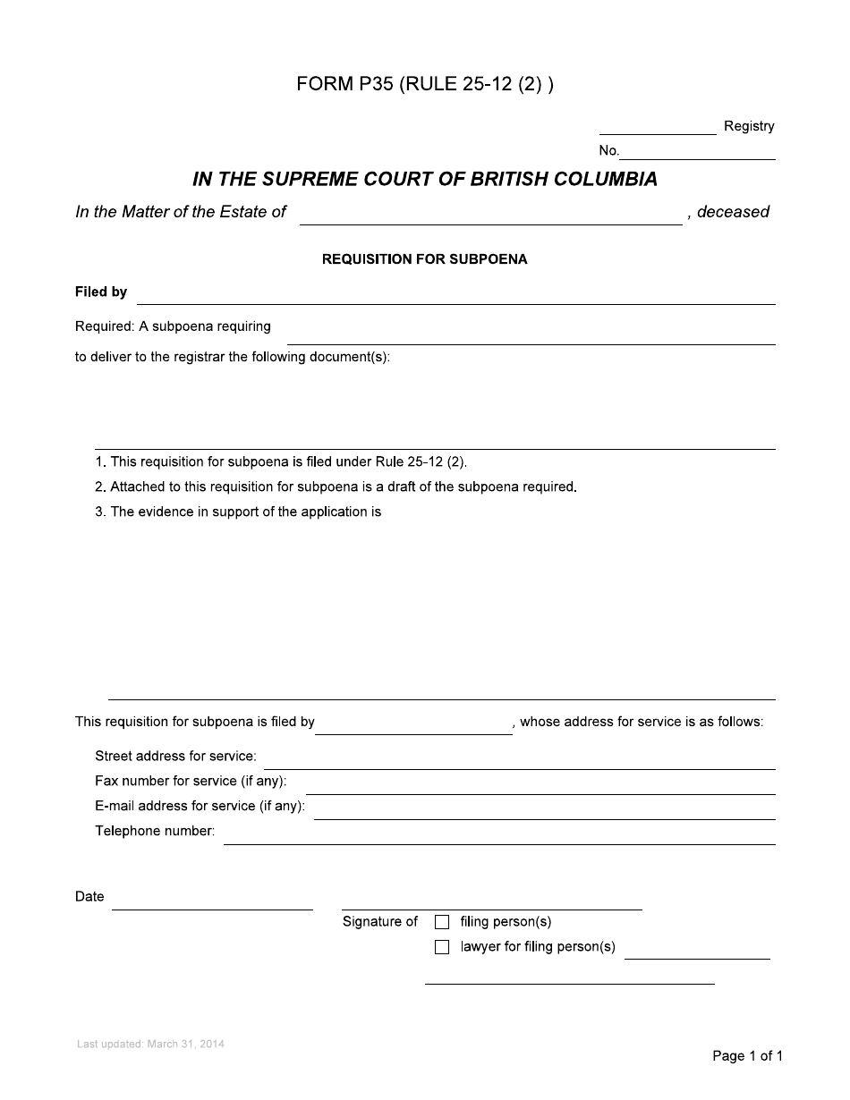 Form P35 Requisition for Subpoena - British Columbia, Canada, Page 2