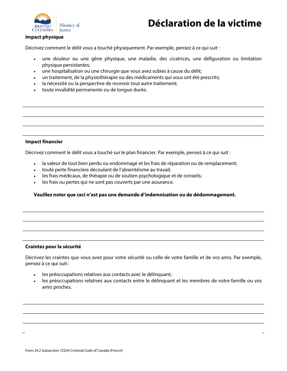 Forme 34.2 Declaration De La Victime - British Columbia, Canada (French), Page 2