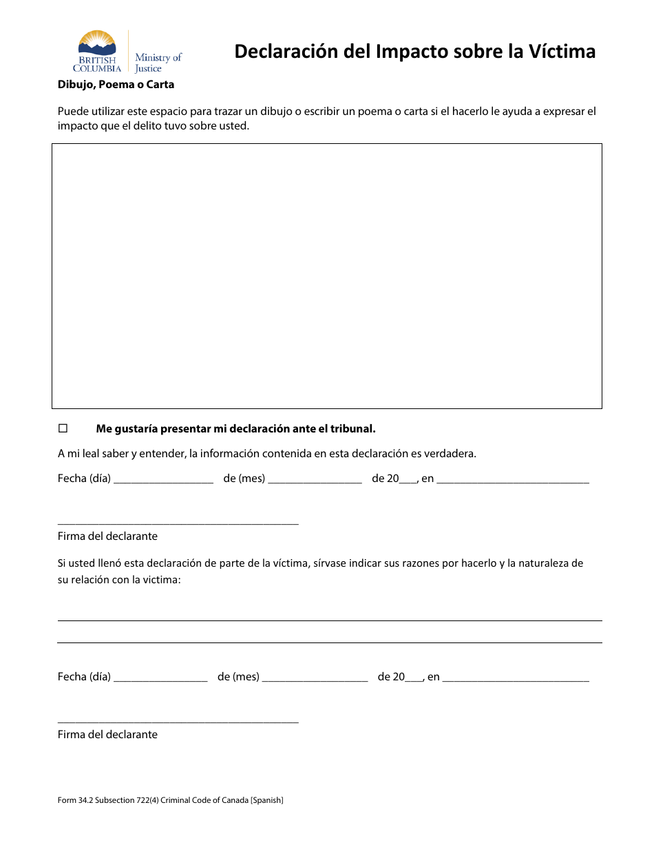 Formulario 34.2 Declaracion Del Impacto Sobre La Victima - British Columbia, Canada (Spanish), Page 3