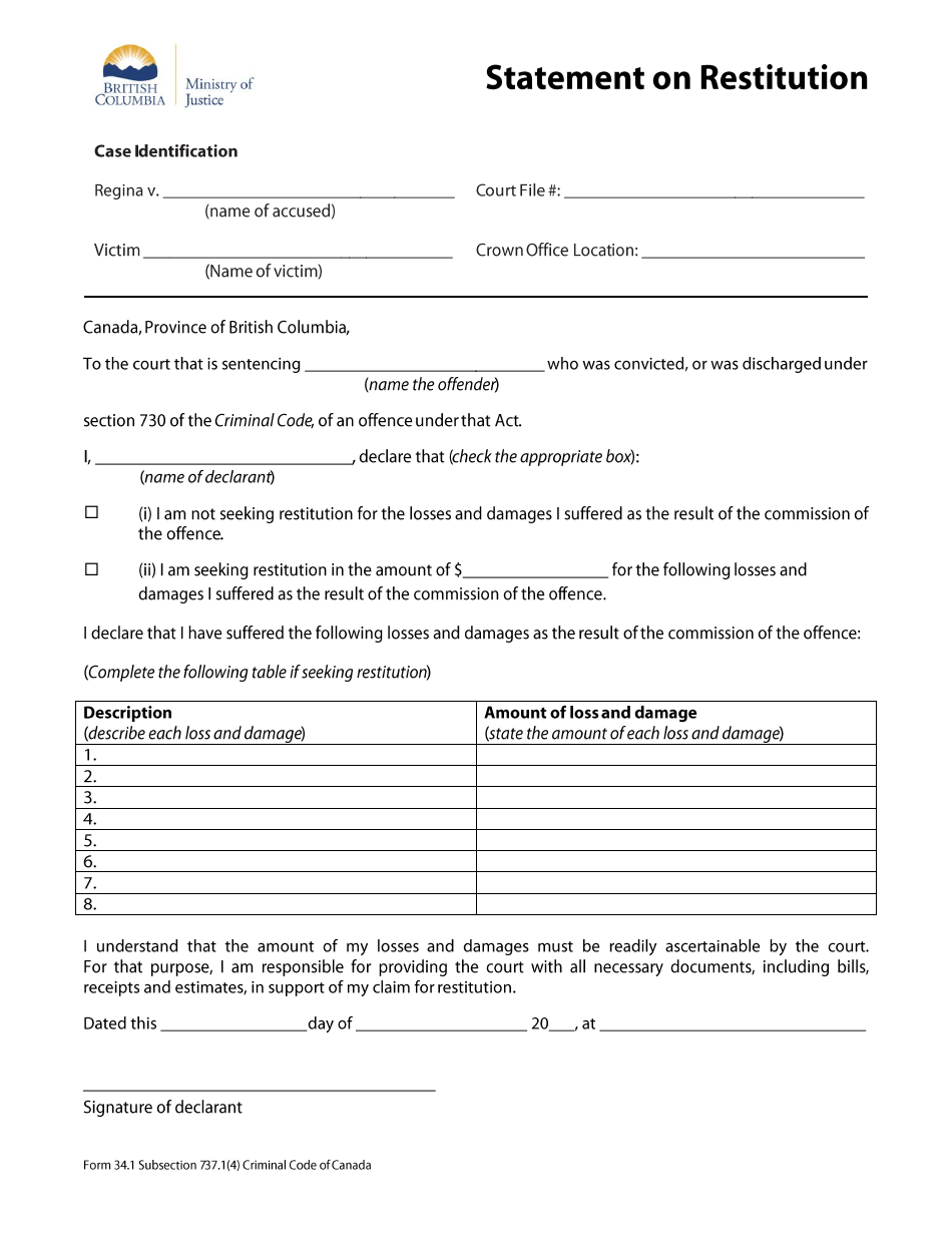 Form 34.1 Statement on Restitution - British Columbia, Canada, Page 1
