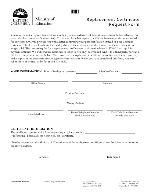 Replacement Certificate Request Form - British Columbia, Canada Download Pdf