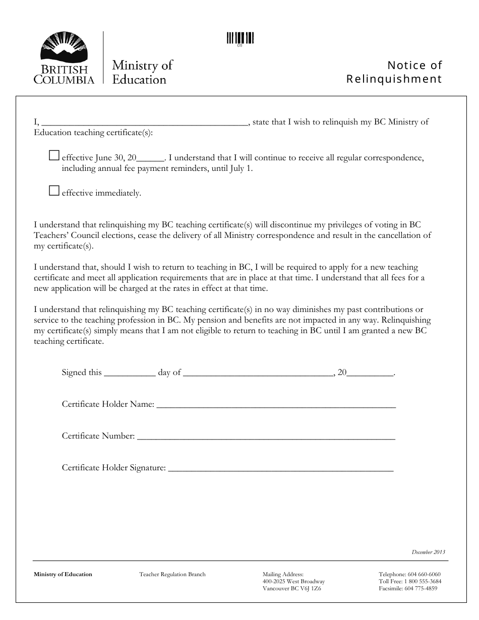 Notice of Relinquishment - British Columbia, Canada, Page 1