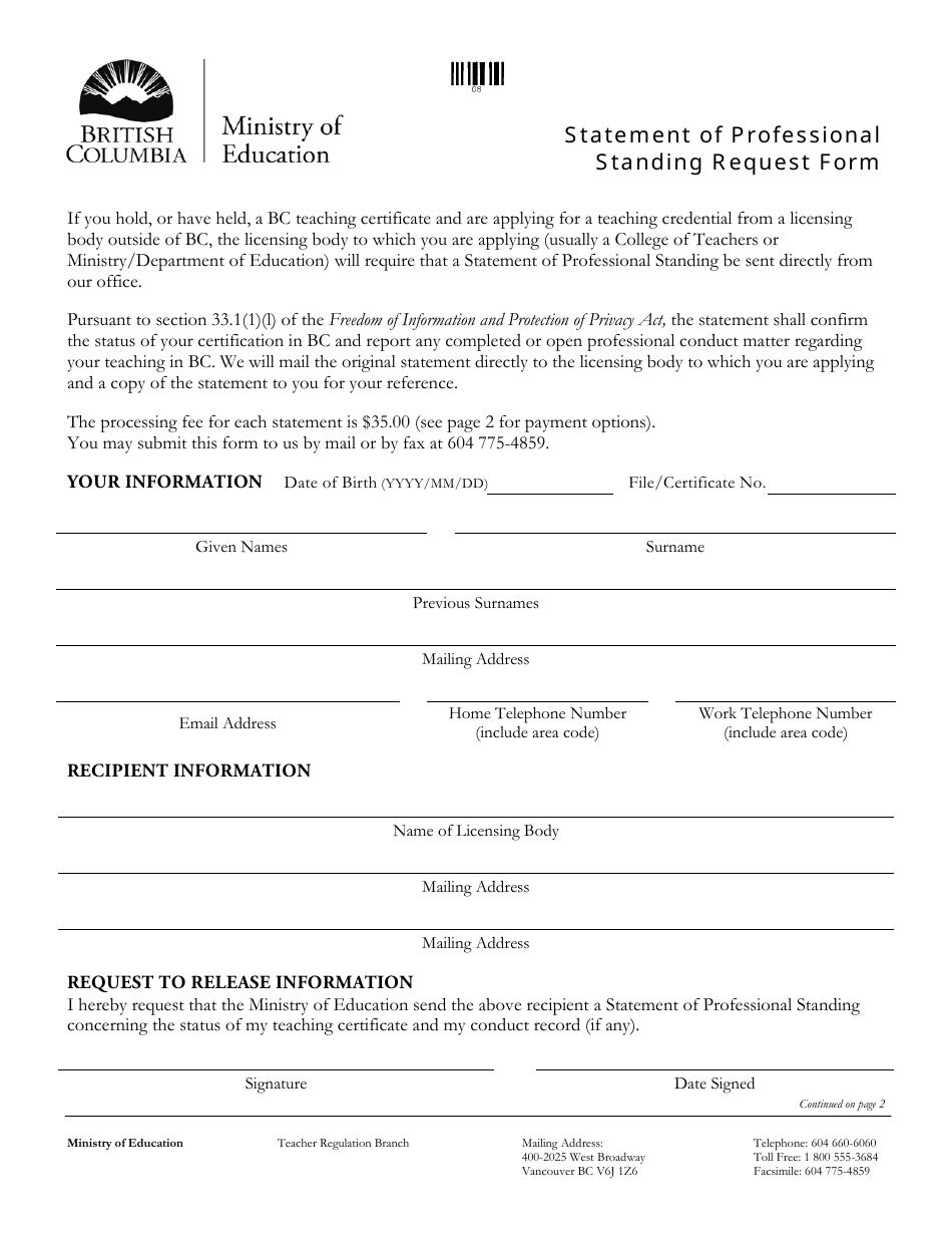 Statement of Professional Standing Request Form - British Columbia, Canada, Page 1