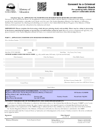 Document preview: Consent to a Criminal Record Check for Working With Children and/or Vulnerable Adults - British Columbia, Canada