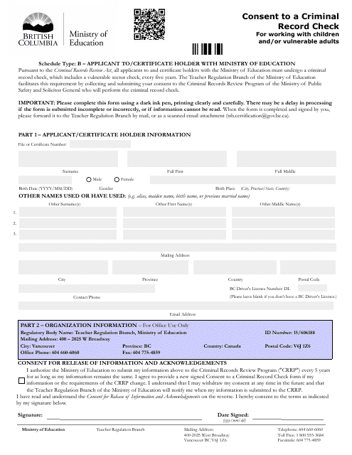 Consent to a Criminal Record Check for Working With Children and / or Vulnerable Adults - British Columbia, Canada Download Pdf