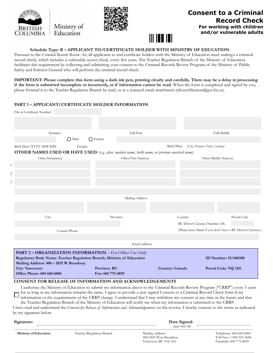 Consent to a Criminal Record Check for Working With Children and / or Vulnerable Adults - British Columbia, Canada, Page 1