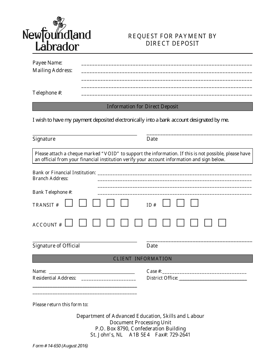 Form 14-650 Request for Payment by Direct Deposit - Newfoundland and Labrador, Canada, Page 1
