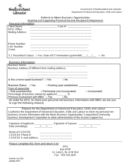 Form 14-1154 Referral to Metro Business Opportunities - Newfoundland and Labrador, Canada