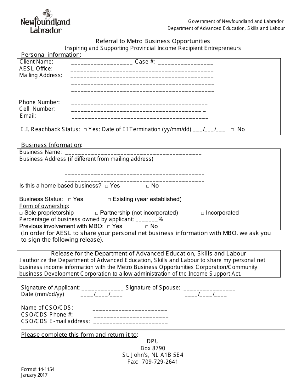 Form 14-1154 Referral to Metro Business Opportunities - Newfoundland and Labrador, Canada, Page 1