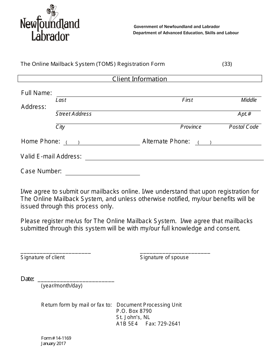 Form 14-1169 The Online Mailback System (Toms) Registration Form - Newfoundland and Labrador, Canada, Page 1