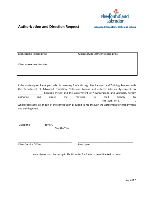Authorization and Direction Request - Newfoundland and Labrador, Canada Download Pdf