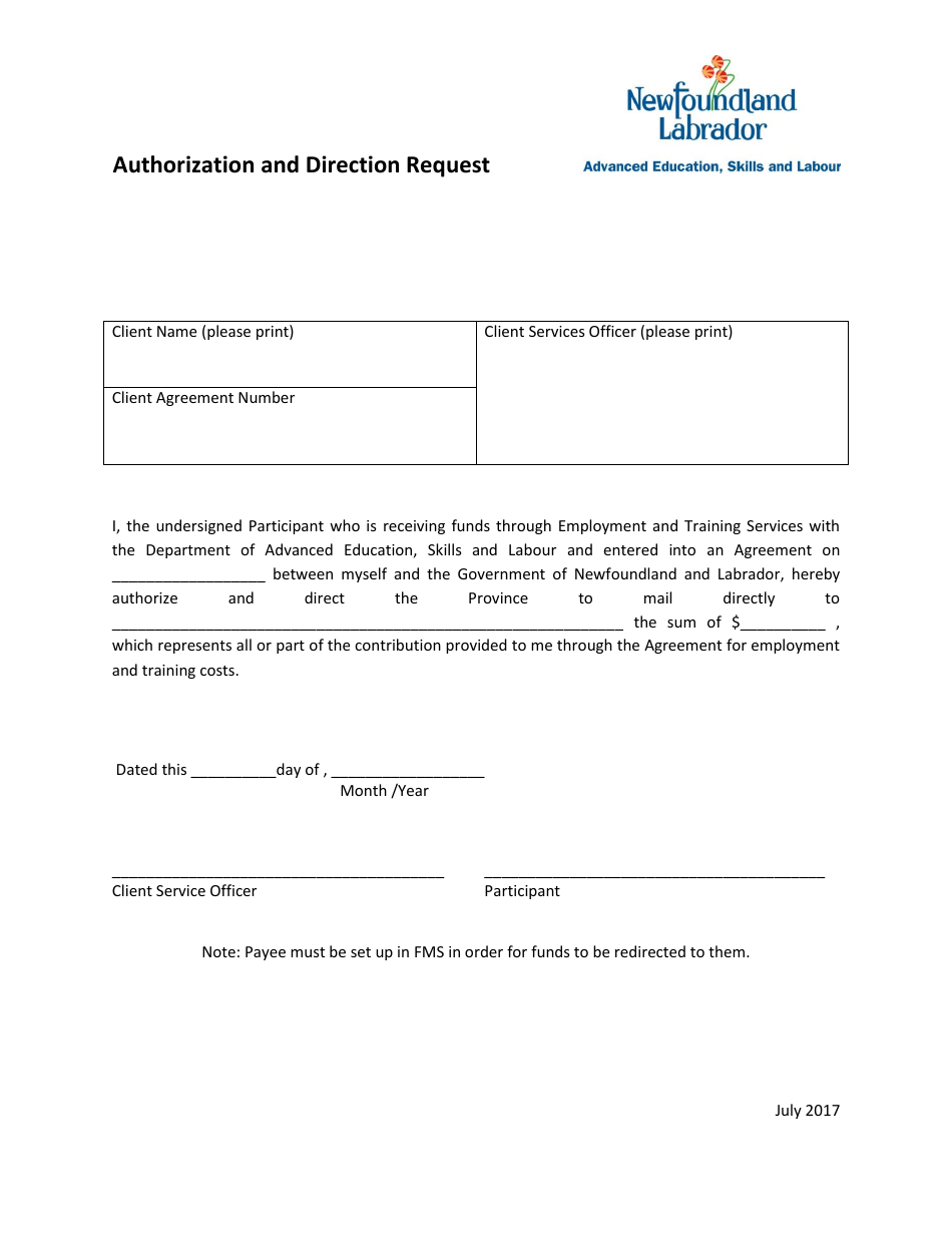 Authorization and Direction Request - Newfoundland and Labrador, Canada, Page 1