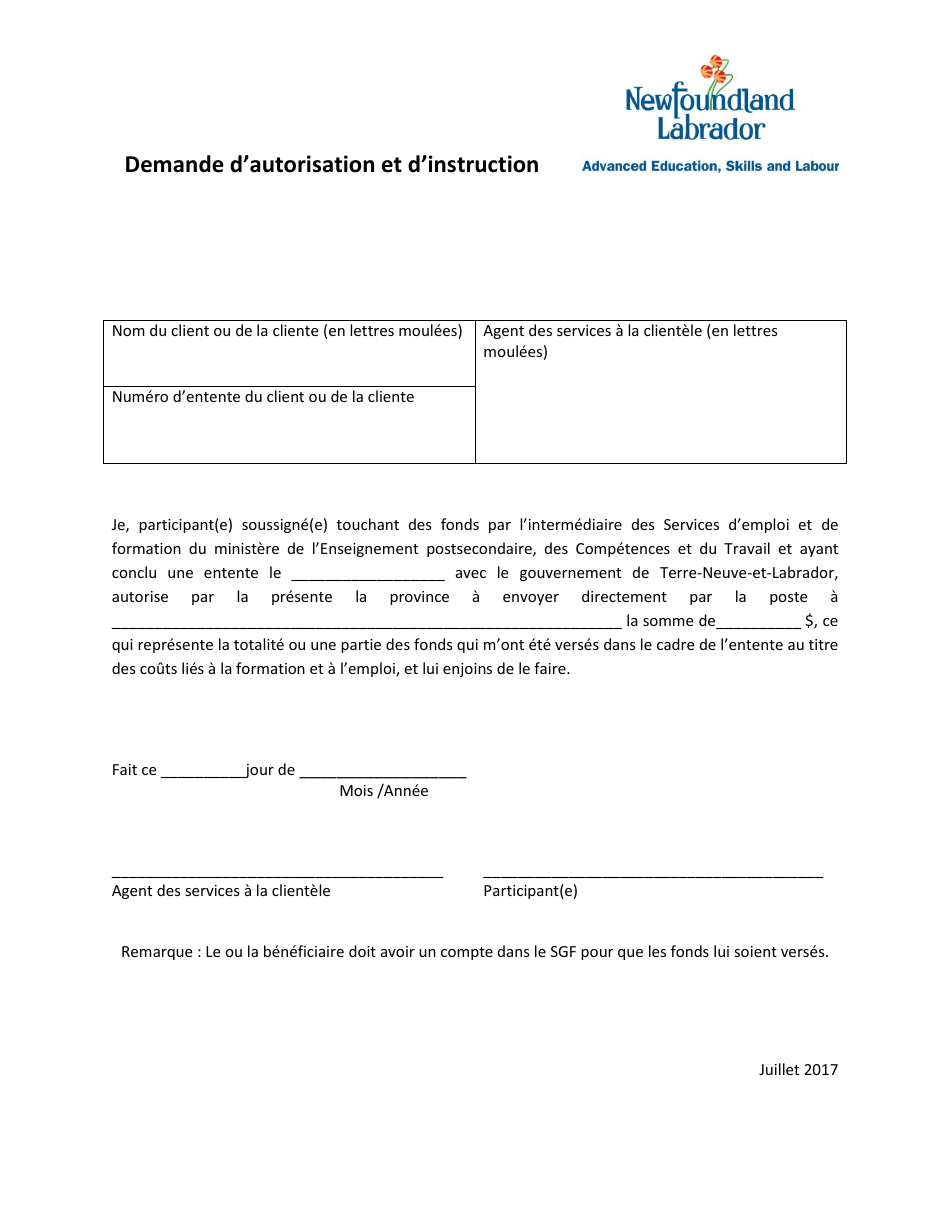 Demande Dautorisation Et Dinstruction - Newfoundland and Labrador, Canada (French), Page 1