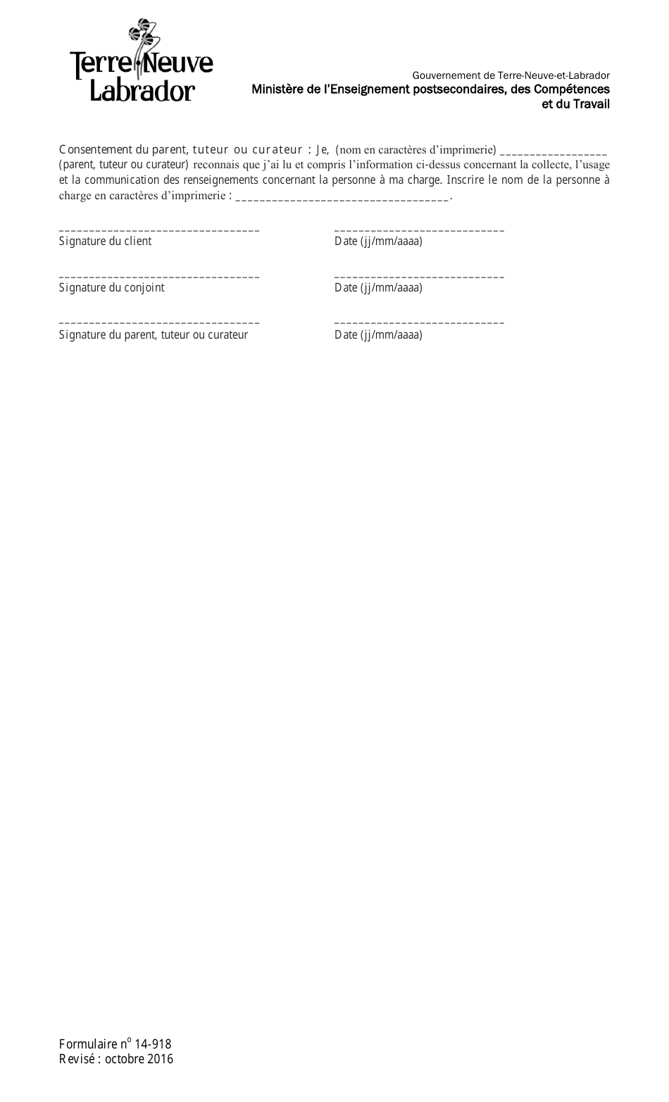 Forme 14-918 Consentement - Collecte, Usage Et Communication De Renseignements Personnels - Newfoundland and Labrador, Canada (French), Page 2