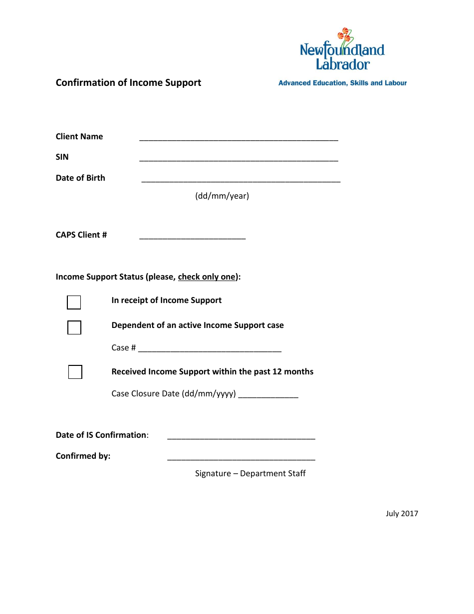 Newfoundland and Labrador Canada Confirmation of Income Support - Fill ...
