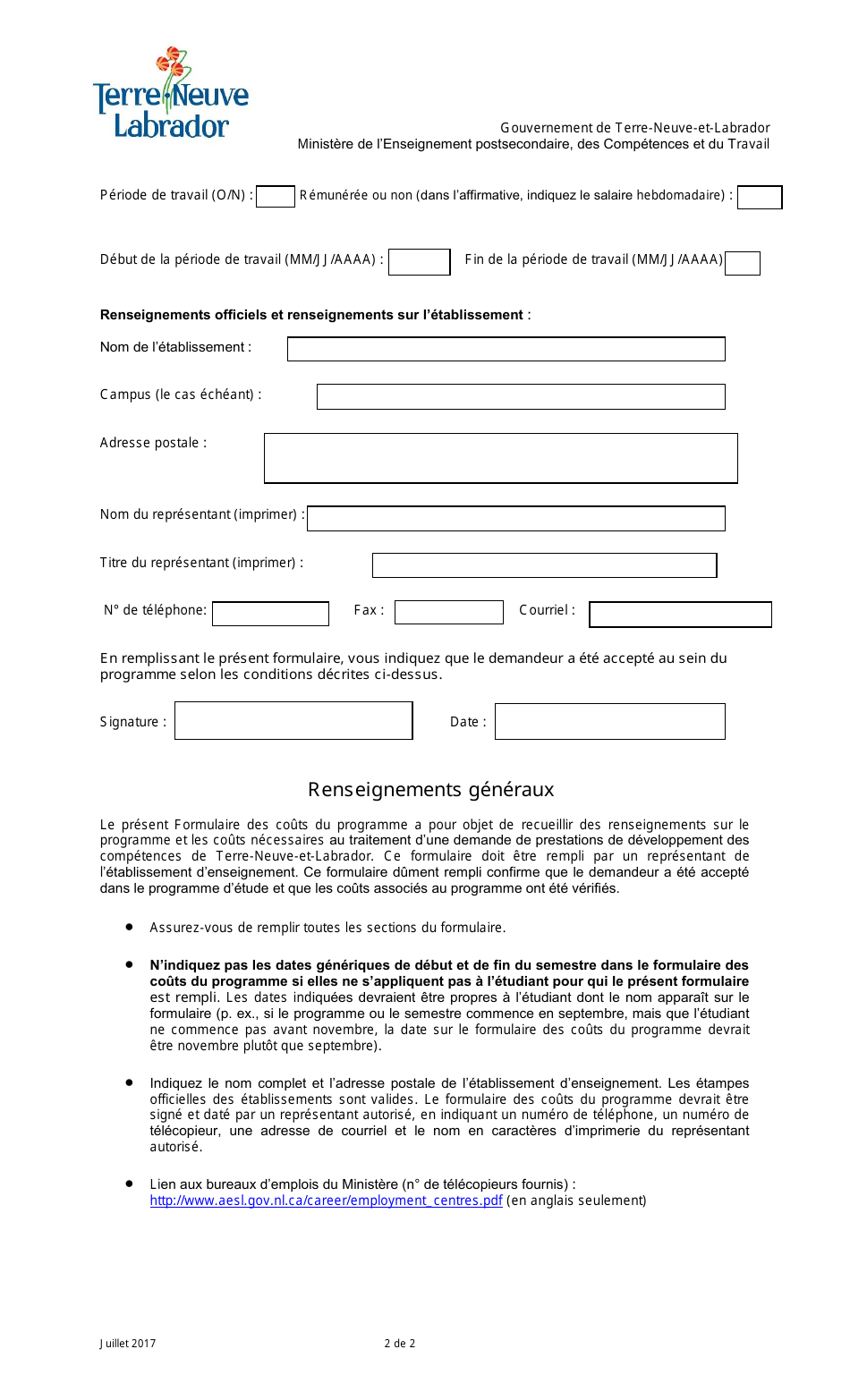Formulaire DES Couts Du Programme De Developpement DES Competences De Terre-Neuve-Et-Labrador - Newfoundland and Labrador, Canada (French), Page 2