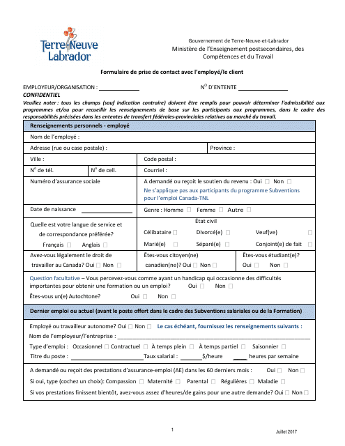 Formulaire De Prise De Contact Avec L'employe / Le Client - Newfoundland and Labrador, Canada (French) Download Pdf