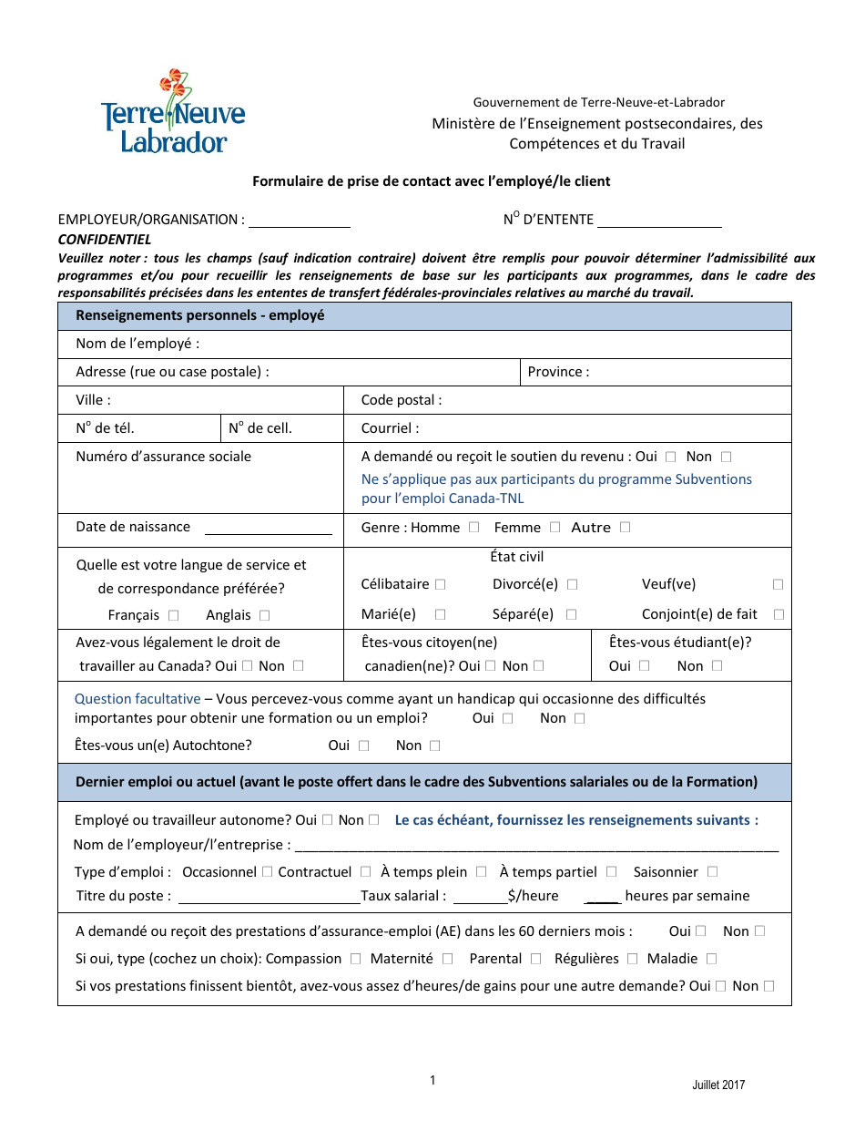 Formulaire De Prise De Contact Avec Lemploye / Le Client - Newfoundland and Labrador, Canada (French), Page 1