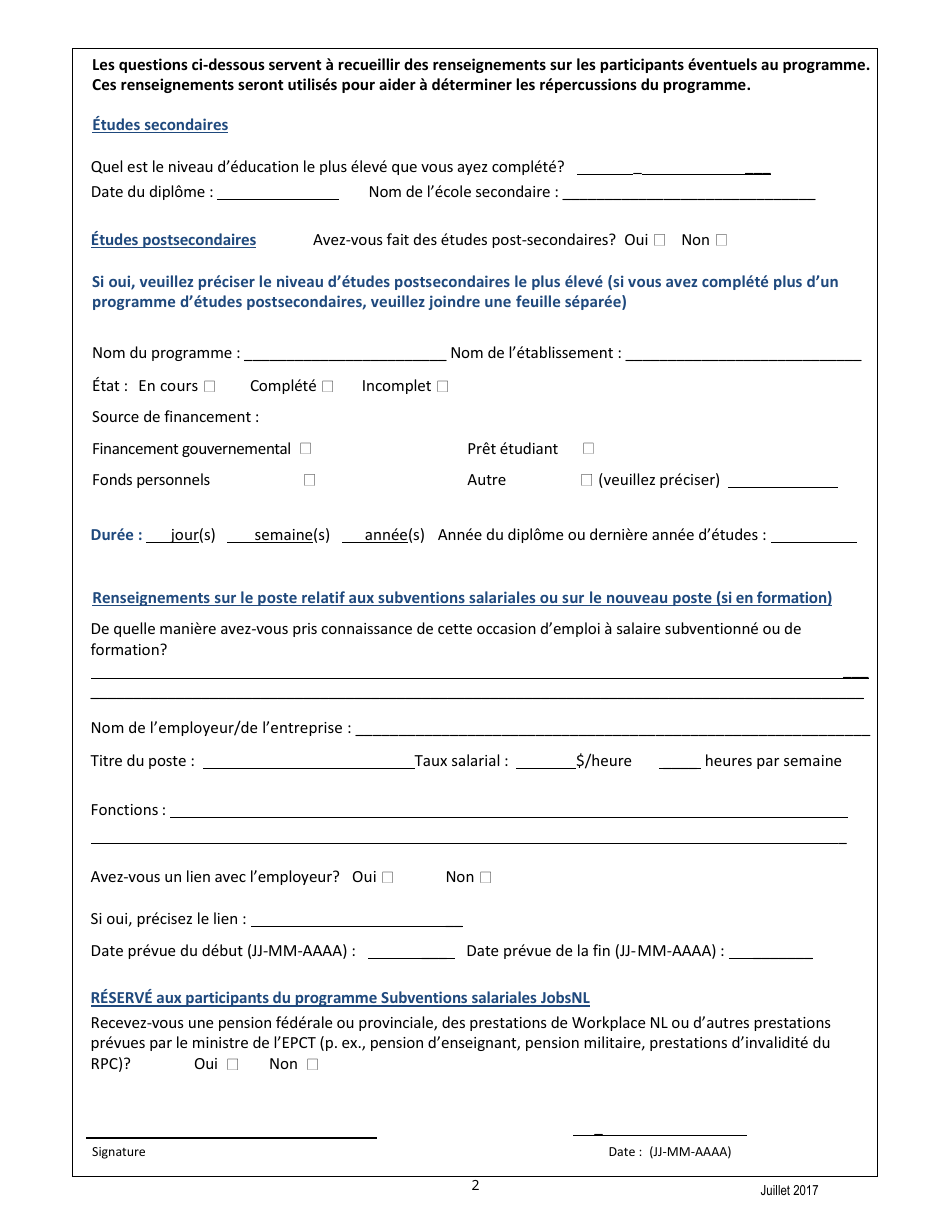 Formulaire De Prise De Contact Avec Lemploye / Le Client - Newfoundland and Labrador, Canada (French), Page 2