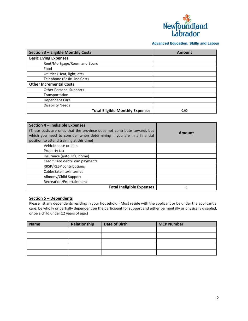 Financial Budget Worksheet - Newfoundland and Labrador, Canada, Page 2