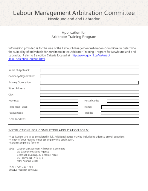 Application for Arbitrator Training Program - Newfoundland and Labrador, Canada Download Pdf