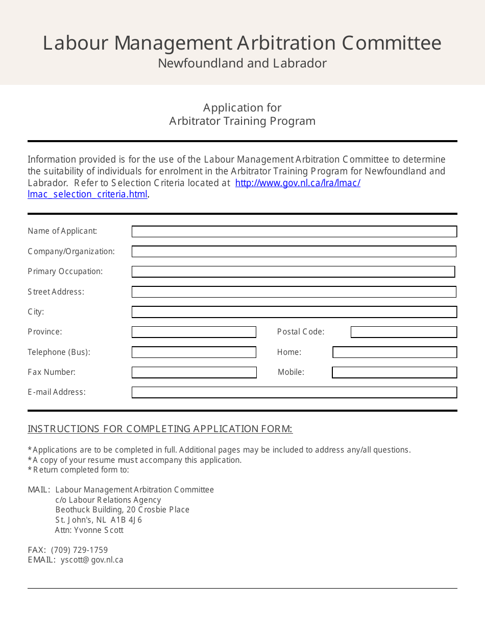 Application for Arbitrator Training Program - Newfoundland and Labrador, Canada, Page 1