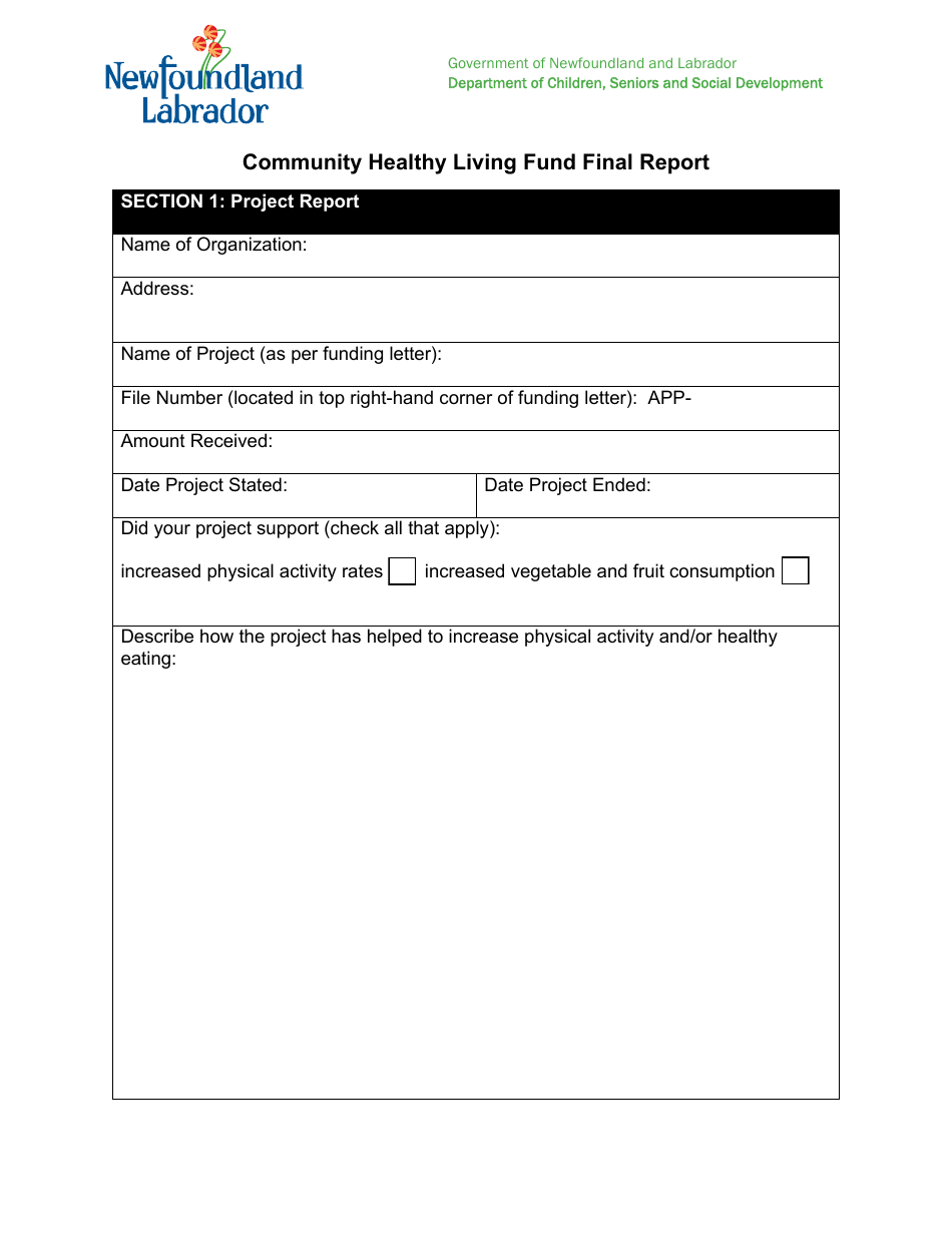 Community Healthy Living Fund Final Report Form - Newfoundland and Labrador, Canada, Page 1