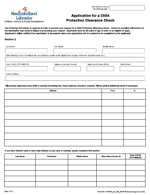 Form 51-08-07_41_302_2015 05 Application for a Child Protection Clearance Check - Newfoundland and Labrador, Canada