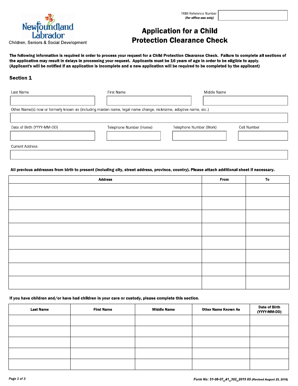 Form 51-08-07_41_302_2015 05 Application for a Child Protection Clearance Check - Newfoundland and Labrador, Canada, Page 1