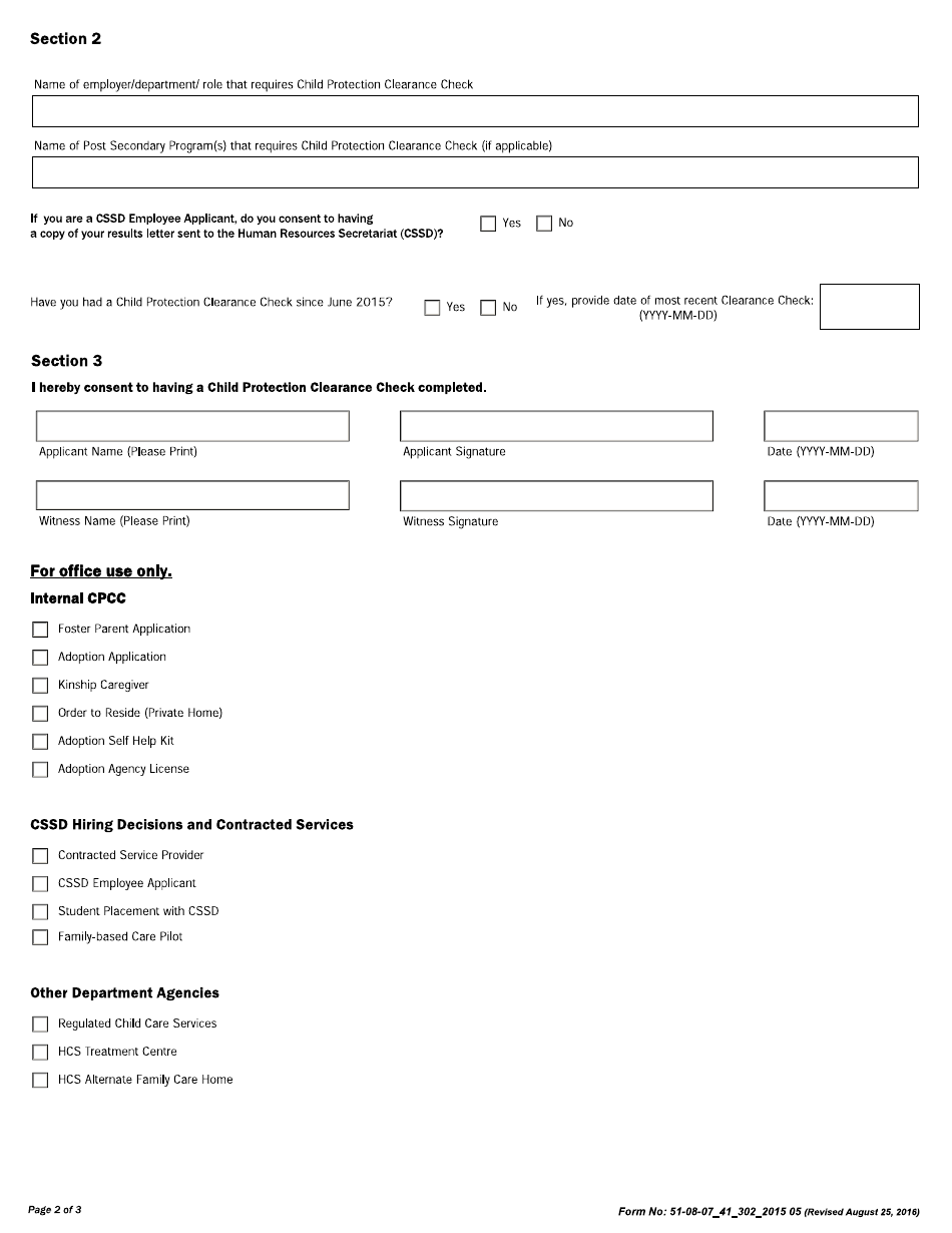 Form 51-08-07_41_302_2015 05 Application for a Child Protection Clearance Check - Newfoundland and Labrador, Canada, Page 2