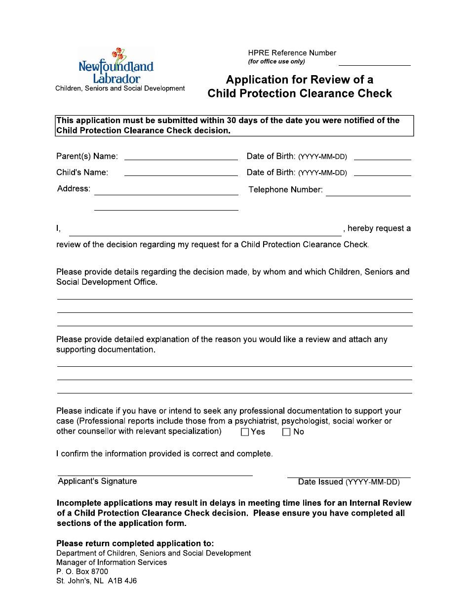 Form 51-08-07-42_300_2015 05 Application for Review of a Child Protection Clearance Check - Newfoundland and Labrador, Canada, Page 1
