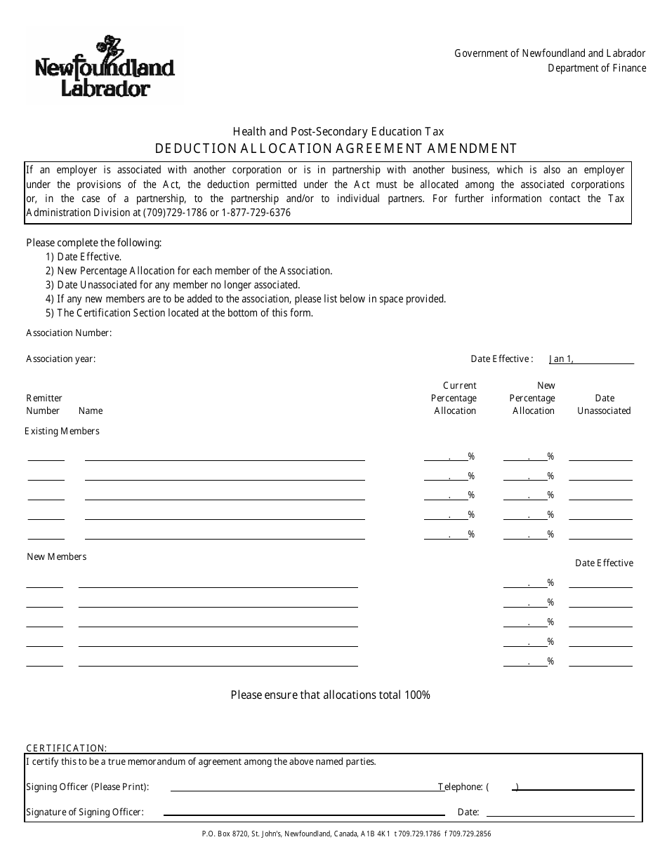 Health and Post-secondary Education Tax Deduction Allocation Agreement Amendment - Newfoundland and Labrador, Canada, Page 1