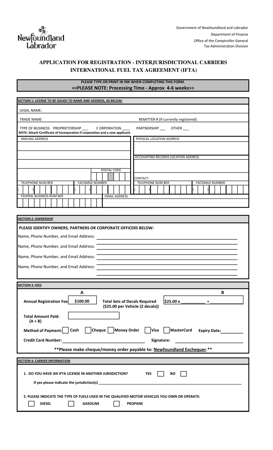 Application for Registration - Interjurisdictional Carriers International Fuel Tax Agreement (Ifta) - Newfoundland and Labrador, Canada, Page 1